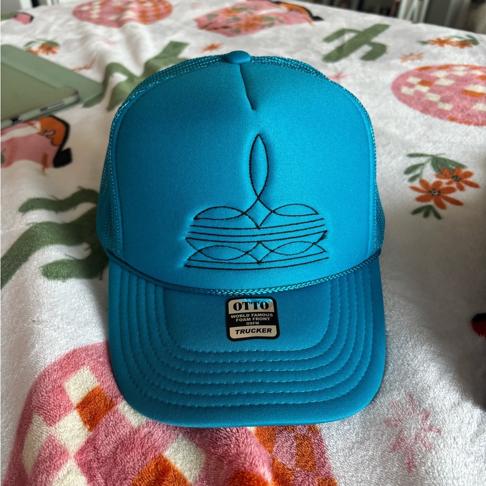Turquoise boot stitch trucker hat